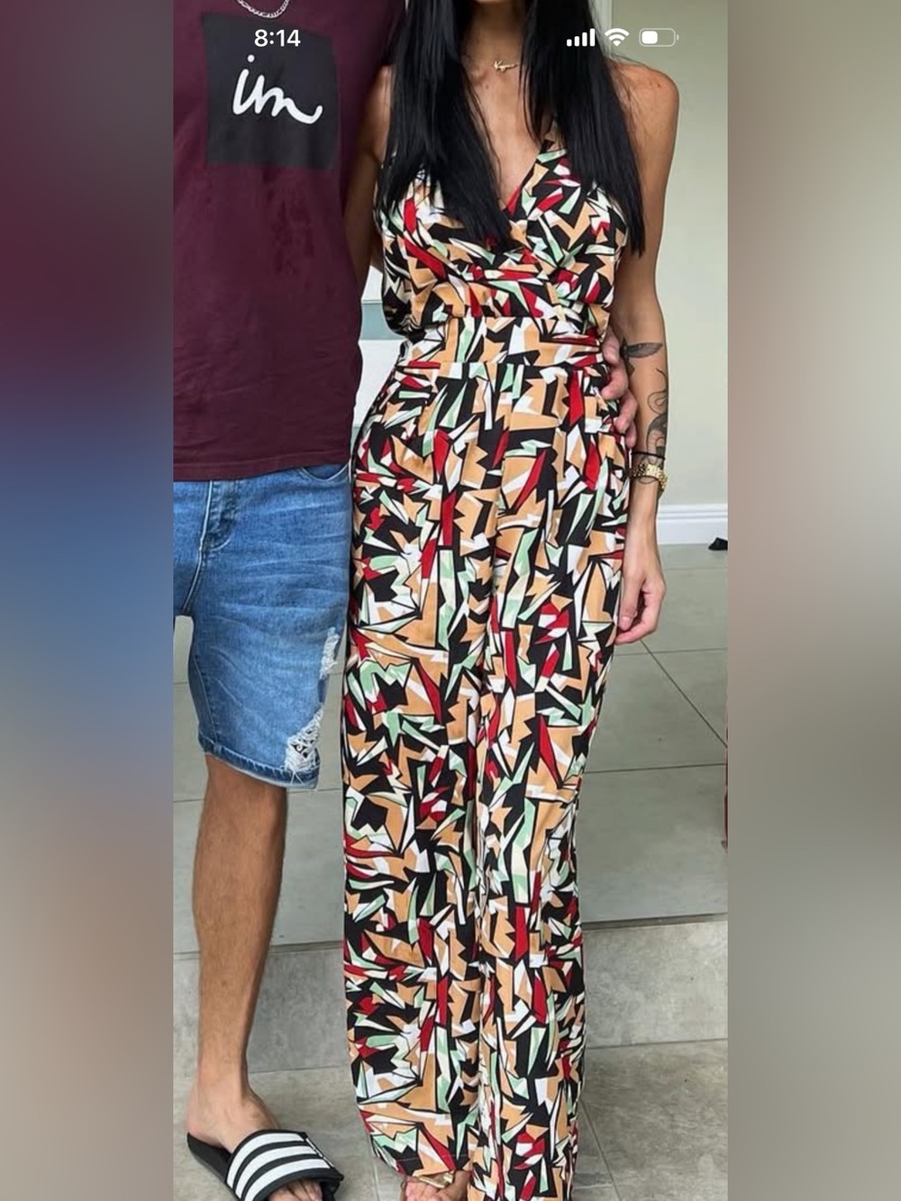 Abstract Print Jumpsuit in Black, Tan & Red
